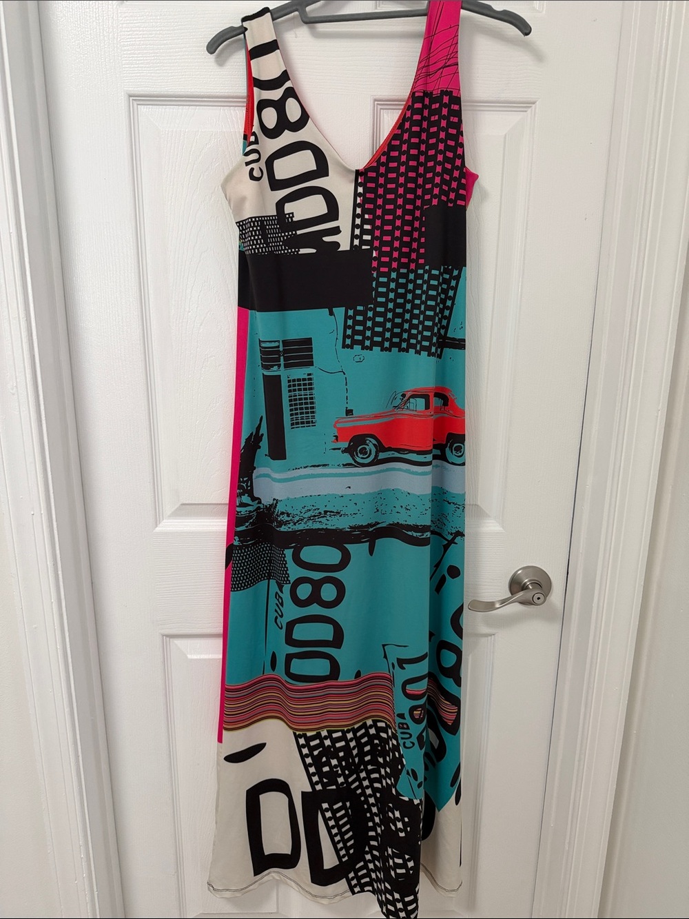 Volt Design Nina Raynor Pink, Aqua & Black Cuba Graphic Maxi Dress - size Medium